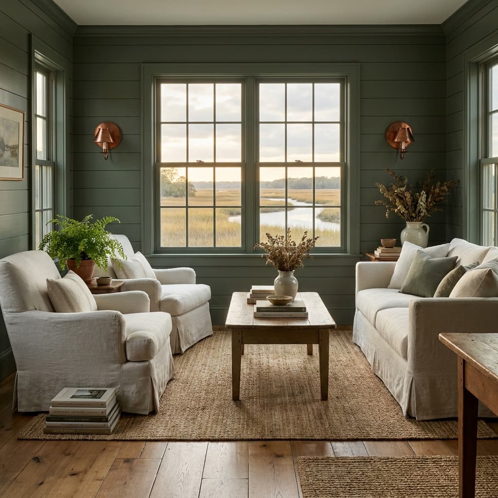 A coastal living room with floor-to-ceiling windows over the marsh